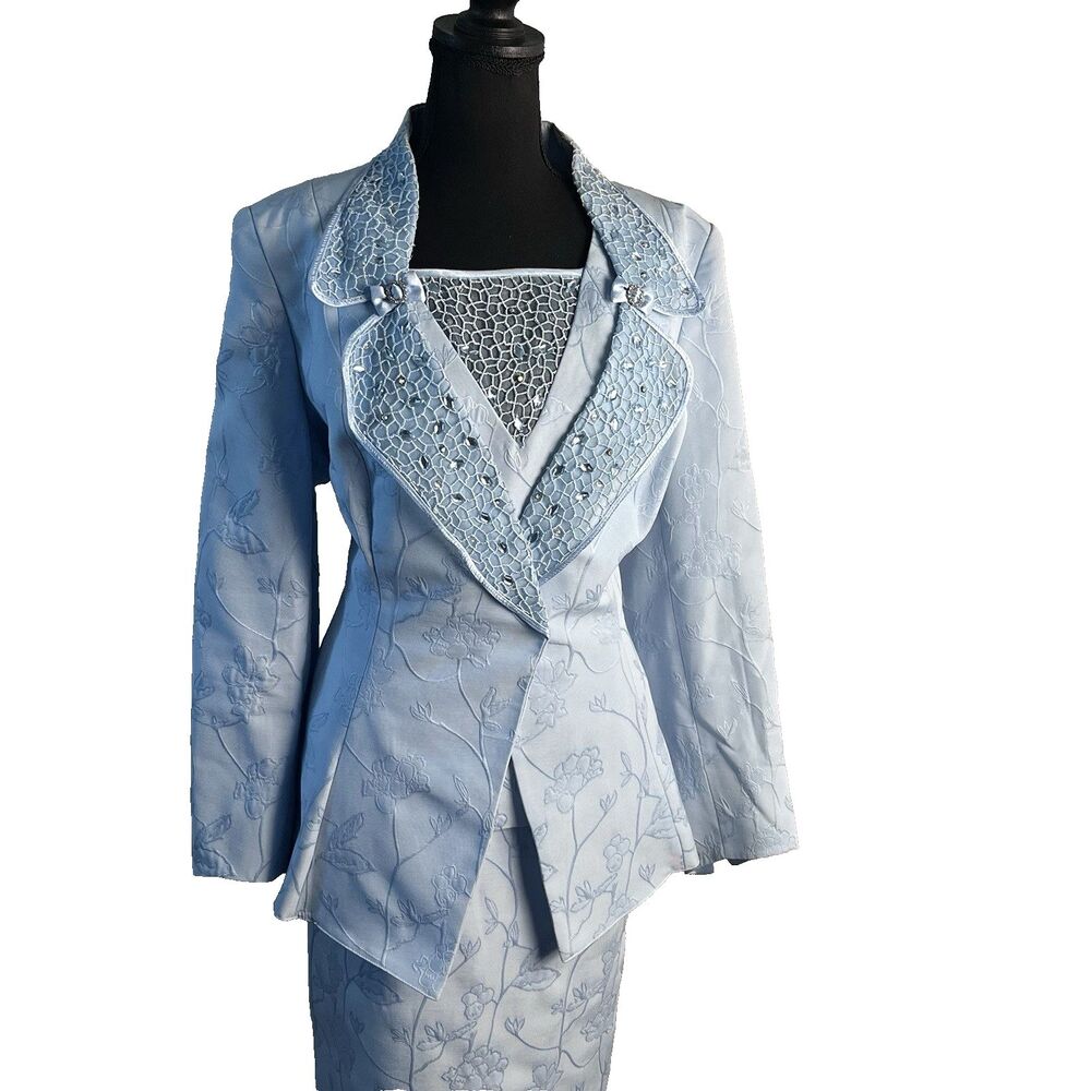 Champagne Italy Women Bead Embellished 3 Pcs‎ Jacket & Skirt Shell Suit Sz 14